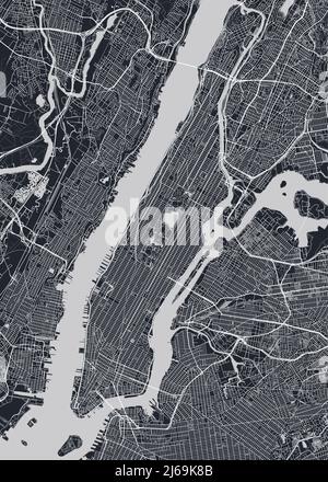 Mappa dettagliata del quartiere di Manhattan New York City, poster vettoriale monocromatico o cartolina vista aerea della città Illustrazione Vettoriale