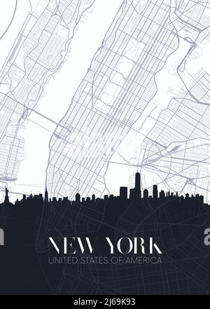 Mappa dello skyline e della città di New York, poster dettagliato del vettore urbanistico Illustrazione Vettoriale