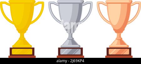 Coppe trofei in bronzo argento oro. Coppa del premio del vincitore del gioco, trofei di sport di corsa, posto in graduatoria icone del premio del goblet illustrazione vettoriale Illustrazione Vettoriale