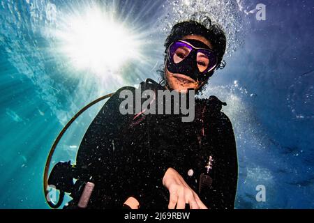 Tuffatori che esplorano le acque tropicali intorno a Koh Tao in Thailandia Foto Stock