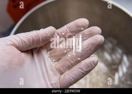 macchina per il riempimento di capsule. Capsule trasparenti per alimenti Foto Stock