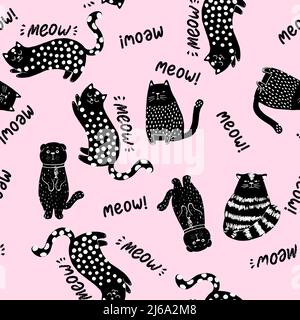 Modello senza cuciture con gatti divertenti, carino scarabeo sfondo senza cuciture per bambini e design tessile del bambino. Illustrazione Vettoriale