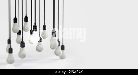 Lampadina a 3D luci scintillante tra le altre su sfondo grigio chiaro. Leadership, innovazione, grandi idee e concetti di individualità. 3d rendering. Foto Stock