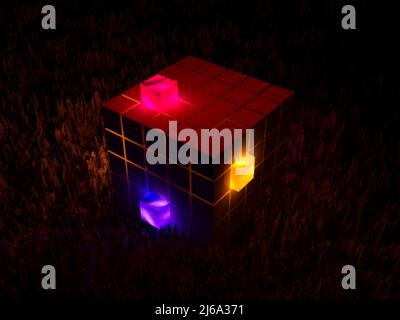 Cubo astratto di cubi con cubi di colore emissivi su una superficie rocciosa - 3D rendering Foto Stock