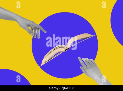 Collage moderno con le mani della donna che dirigono al libro. Educazione, sviluppo intellettuale, saggezza, concetto di illuminazione in blu e giallo. Foto di alta qualità Foto Stock