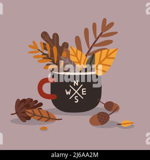 Tazza da trekking con foglie d'autunno Illustrazione Vettoriale