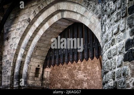 portculli in legno con punte di metallo su un cancello medievale della città di colonia Foto Stock