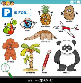 Illustrazione di fumetti didattici per bambini con personaggi fumetti e oggetti impostati per la lettera P. Illustrazione Vettoriale