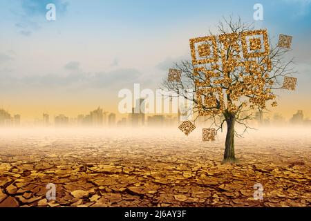 Albero morto a forma di qrcore nella foresta asciutta e sfondo della città. Concetto di tecnologia , Business e natura. Foto Stock