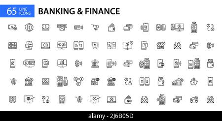 65 pixel bancari e finanziari icone artistiche con tratto perfettamente modificabili Illustrazione Vettoriale