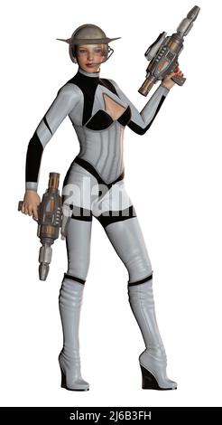 Donna guerriero futurista armato di pistole, 3D illustrazione Foto Stock
