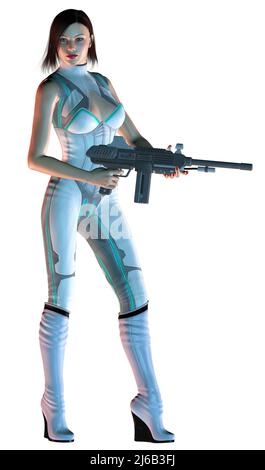 Donna guerriero futurista armato di fucile, illustrazione 3D Foto Stock
