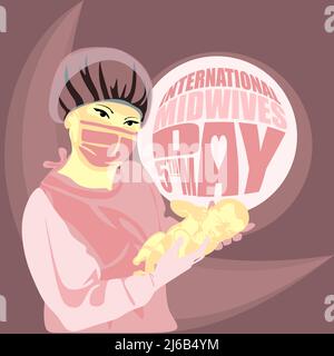 Asian femmina felice sorridente bell'infermiera che tiene con attenzione il neonato, in scrub, maschera facciale, guanti. Midwife International Day, 5 maggio professionale Illustrazione Vettoriale