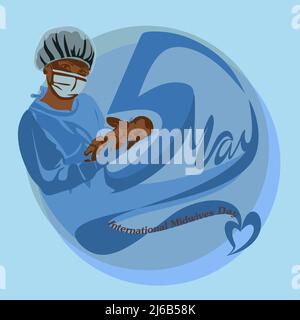 African american femmina felice sorridente bell'infermiera che tiene con attenzione il neonato, in scrub, maschera facciale, guanti. Midwife International Day, 5 maggio p. Illustrazione Vettoriale