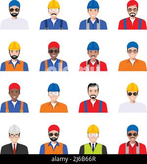 Set di icone colorate di stile piatto uomo professione: Lavoratore, costruttore e ingegnere. Illustrazione Vettoriale