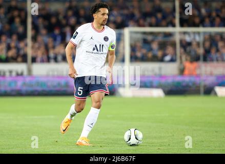 Strasburg, Francia. 29th Apr 2022. Marquinhos del PSG durante il campionato francese Ligue 1 partita di calcio tra RC Strasbourg Alsace (RCSA) e Paris Saint-Germain (PSG) il 29 aprile 2022 allo Stade de la Meinau di Strasburgo, Francia - Foto Jean Catuffe / DPPI Credit: DPPI Media/Alamy Live News Foto Stock