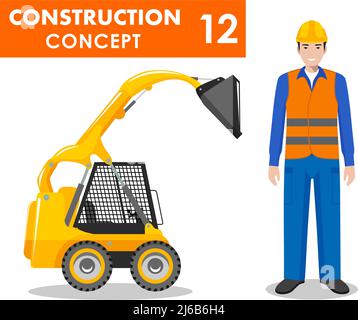 Illustrazione dettagliata della minipala caricatrice e del lavoratore, costruttore, conducente in stile piatto su sfondo bianco. Attrezzature e macchinari per costruzioni pesanti. Illustrazione Vettoriale