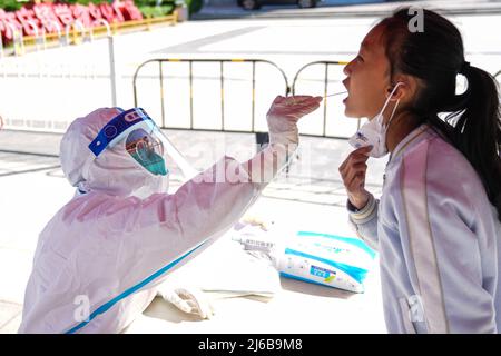 Pechino, Cina. 30th Apr 2022. (220430) -- PECHINO, 30 aprile 2022 (Xinhua) -- un operatore medico prende un campione di tampone da un residente per l'analisi degli acidi nucleici nel distretto di Daxing, Pechino, capitale della Cina, 30 aprile 2022. Molti distretti di Pechino il sabato hanno lanciato il terzo ciclo di test sugli acidi nucleici tra gli sforzi per contenere la recente ripresa dei casi COVID-19 in città. (Xinhua/Peng Ziyang) Credit: Xinhua/Alamy Live News Foto Stock