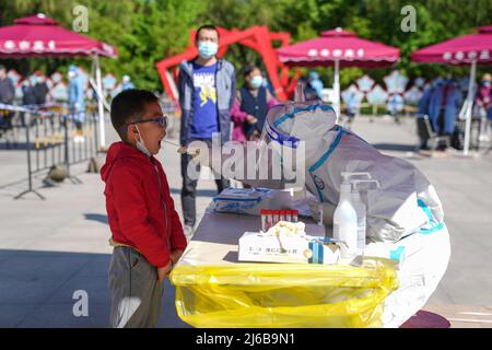 Pechino, Cina. 30th Apr 2022. (220430) -- PECHINO, 30 aprile 2022 (Xinhua) -- un operatore medico prende un campione di tampone da un residente per l'analisi degli acidi nucleici nel distretto di Daxing, Pechino, capitale della Cina, 30 aprile 2022. Molti distretti di Pechino il sabato hanno lanciato il terzo ciclo di test sugli acidi nucleici tra gli sforzi per contenere la recente ripresa dei casi COVID-19 in città. (Xinhua/Peng Ziyang) Credit: Xinhua/Alamy Live News Foto Stock