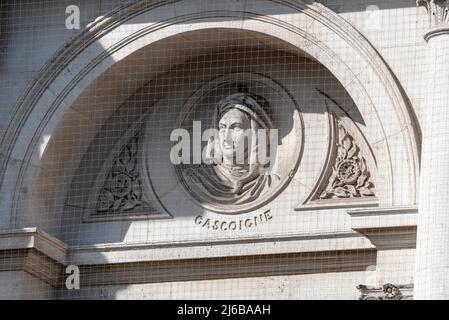 Dettaglio pietra Foreign, Commonwealth & Development Office building Housing government dicasts, London. Signore capo Giustizia Sir William Gascoigne Foto Stock