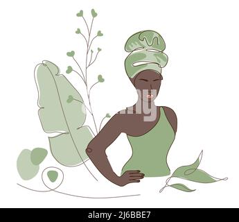 African beauty femminile contorno corpo silhouette in cappello tradizionale, impacchi o afro. Illustrazione vettoriale in design piatto Illustrazione Vettoriale