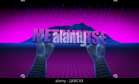 3D concetto di sfondo metaverse. Futuristico paesaggio digitale in realtà virtuale nello stile di cyberpunk e newretrowwave con l'iscrizione metaverse. Tecnologia, intelligenza artificiale, concetto aziendale. Illustrazione 3D di alta qualità Foto Stock