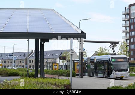 PAESI BASSI, Groningen, P+R Park and Ride Reitdiep, parcheggio con pannello solare sul tetto e stazione di ricarica per bus navetta elettrico per il centro città / NIEDERLANDE, Groningen, Park und Ride Parkmit Solardach und Ladestation für Elektrobusse fuer Transfer in die Innenstadt Foto Stock