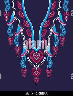 Cuore e collana floreale ricamo design per donna moda. Ricamo motivo con bella colorata etnia orientale geometrica per scollo Illustrazione Vettoriale