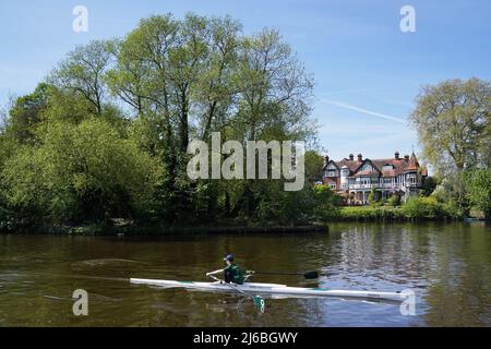 Un vogatore viaggia lungo il Tamigi vicino Maidenhead, Berkshire. Data foto: Sabato 30 aprile 2022. Foto Stock