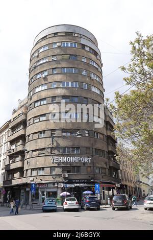 Tehnoimport edificio in stile architettonico brutalista in strada Doamnei nel centro di Bucarest, Romania Foto Stock