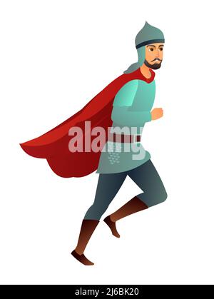Cavaliere medievale che corre sorridente. In ferro posta e casco. In rosso capo. Ragazzo con barba. Uomo di combattimento. Isolato su sfondo bianco. Cartoon flat st Illustrazione Vettoriale