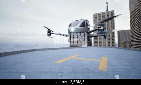 Un veicolo aereo autonomo senza conducente vola attraverso la città, 3D rendering Foto Stock