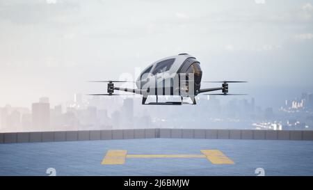 Un veicolo aereo autonomo senza conducente vola attraverso la città, 3D rendering Foto Stock