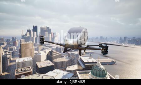 Un veicolo aereo autonomo senza conducente vola attraverso la città, 3D rendering Foto Stock