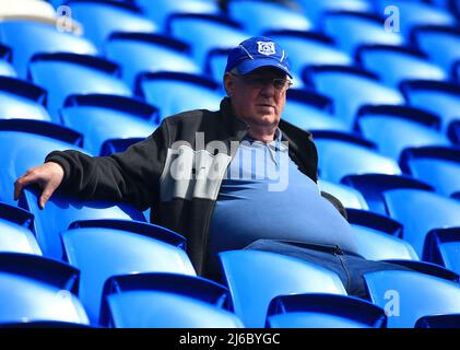 30th aprile 2022: Cardiff City Stadium, Cardiff, Galles; Championship football, Cardiff City versus Birmingham; Un fan solista di Cardiff City guarda i giocatori riscaldarsi Foto Stock