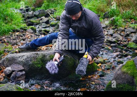 La mano tiene una pistola microfono per registrare suoni della natura. Il tecnico del suono registra i suoni della natura. Registrazione di suoni ambientali Foto Stock