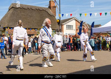 Downton, Salisbury, Wiltshire, Regno Unito, 30th aprile 2022. Downton Cuckoo Fair è tornato in un caldo sole primaverile glorioso dopo una pausa per la pandemia di Covid. L'evento popolare, con bancarelle di mercato e atti di strada, attrae una folla di migliaia di persone. I ballerini Sarum Morris intrattengono la folla. Credit: Paul Biggins/Alamy Live News Foto Stock