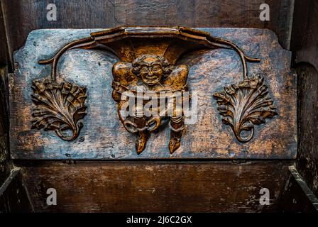 I Misericords sono piccole strutture di legno formate sul lato inferiore di una sede pieghevole in una chiesa. Qui visto nella chiesa parrocchiale di St Laurence a Ludlow. Foto Stock