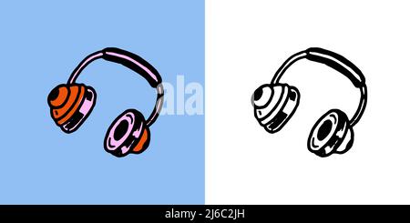 Cuffie o auricolari. Ascolto di musica tramite altoparlanti. Disegno a mano in stile doodle vintage. Illustrazione Vettoriale