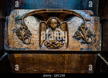 I Misericords sono piccole strutture di legno formate sul lato inferiore di una sede pieghevole in una chiesa. Qui visto nella chiesa parrocchiale di St Laurence a Ludlow. Foto Stock