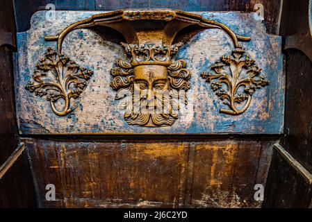 I Misericords sono piccole strutture di legno formate sul lato inferiore di una sede pieghevole in una chiesa. Qui visto nella chiesa parrocchiale di St Laurence a Ludlow. Foto Stock