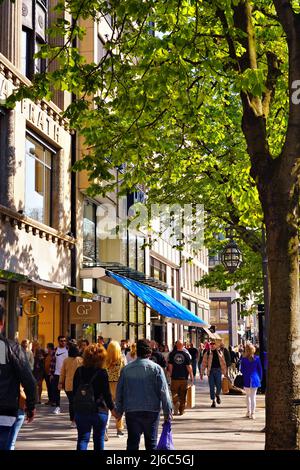 Il viale dello shopping Königsallee a Düsseldorf/Germania in una giornata intensa in primavera. Foto Stock