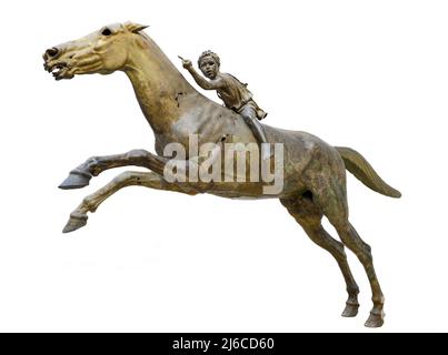 Statua di bronzo di un cavallo e di un giovane jockey noto come il Jockey Artemision. Recuperato in peices da un antico naufragio vicino a Capo Artemision su Eubo Foto Stock