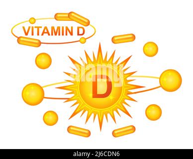 Integratore alimentare con vitamina D, sole giallo con capsula di pillola medicinale. Compressa di colecalciferolo medico, farmaco chimico farmacia salute vettore medicamento Illustrazione Vettoriale