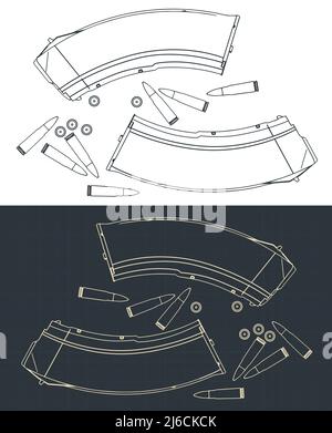 Illustrazione vettoriale stilizzata di riviste e proiettili per armi d'assalto Illustrazione Vettoriale