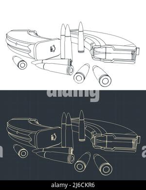 Illustrazione vettoriale stilizzata di riviste e proiettili per armi d'assalto Illustrazione Vettoriale