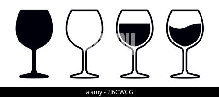 Diversi bicchieri pieni di vino o cognac icone simboli bevande illustrazioni vettoriali Illustrazione Vettoriale
