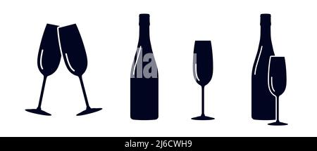 Bicchieri di vino frizzante o champagne e bottiglie icone Illustrazione Vettoriale