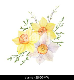 Bouquet acquerello di naffodils gialli e bianchi. Illustrazione dipinta a mano con fiori di primavera isolati su sfondo bianco Foto Stock