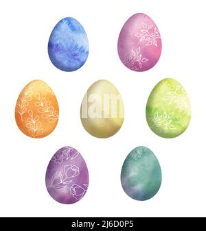 Uova di Pasqua colorate. Set di illustrazioni acquerello. Uova di Pasqua colorate floreali. Foto Stock